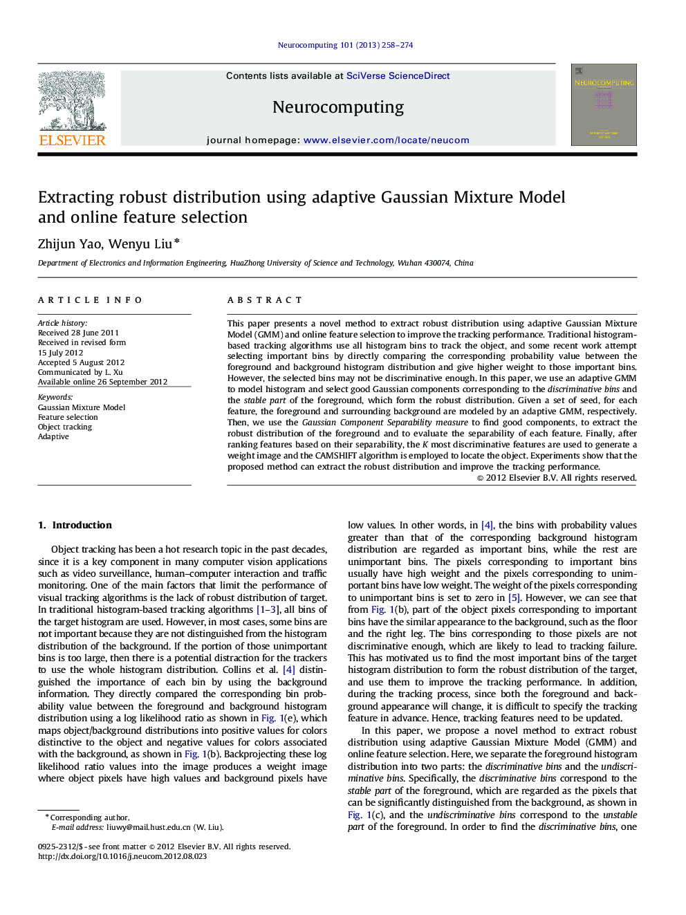 Extracting robust distribution using adaptive Gaussian Mixture Model and online feature selection