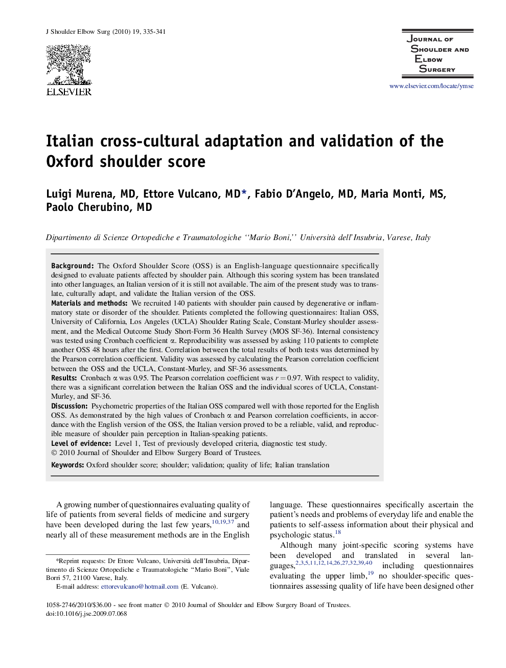 Italian cross-cultural adaptation and validation of the Oxford shoulder score