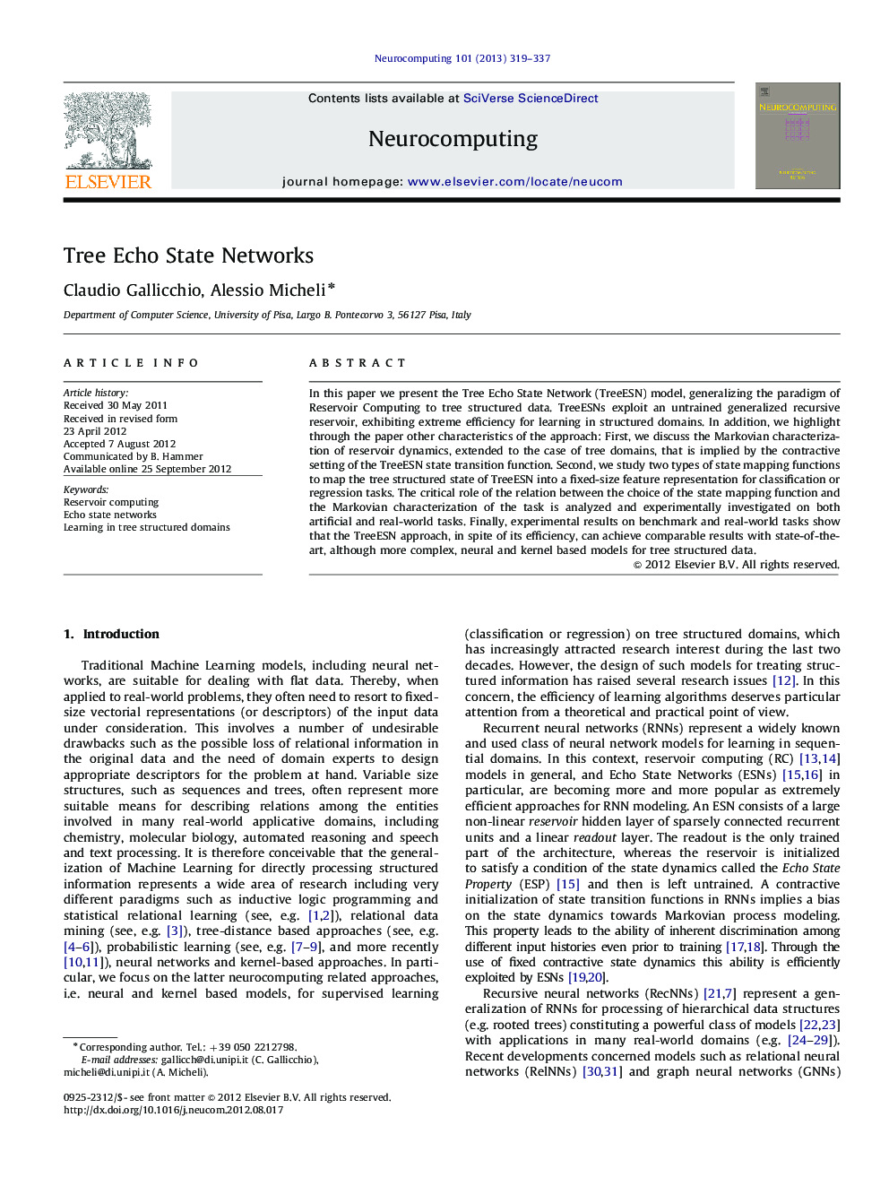 Tree Echo State Networks