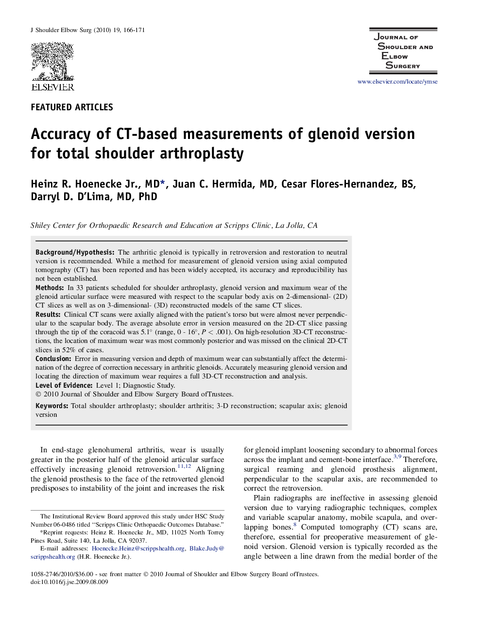 Accuracy of CT-based measurements of glenoid version for total shoulder arthroplasty 