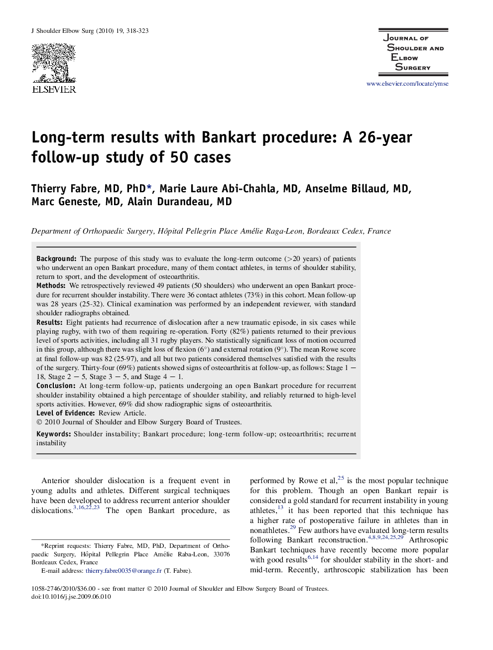 Long-term results with Bankart procedure: A 26-year follow-up study of 50 cases