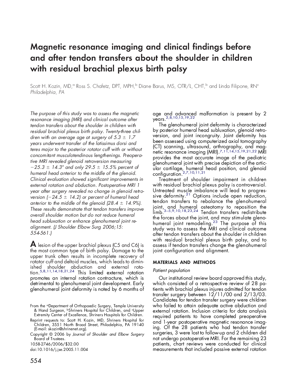 Magnetic resonance imaging and clinical findings before and after tendon transfers about the shoulder in children with residual brachial plexus birth palsy