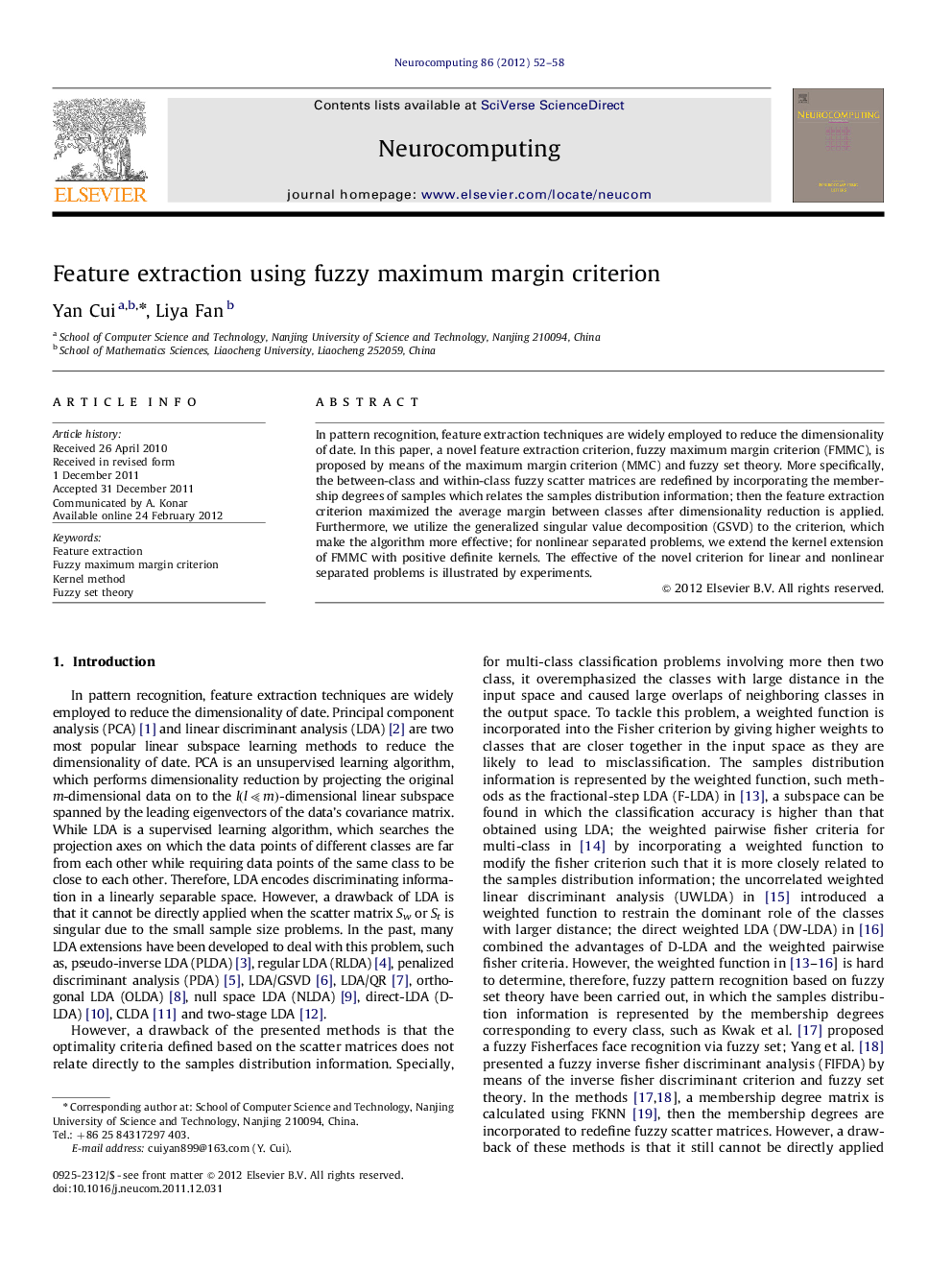 Feature extraction using fuzzy maximum margin criterion