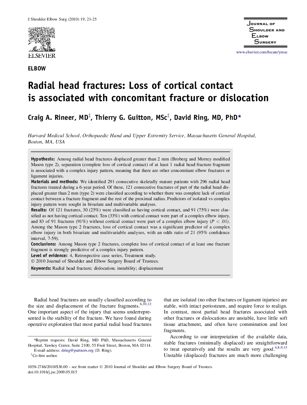 Radial head fractures: Loss of cortical contact is associated with concomitant fracture or dislocation