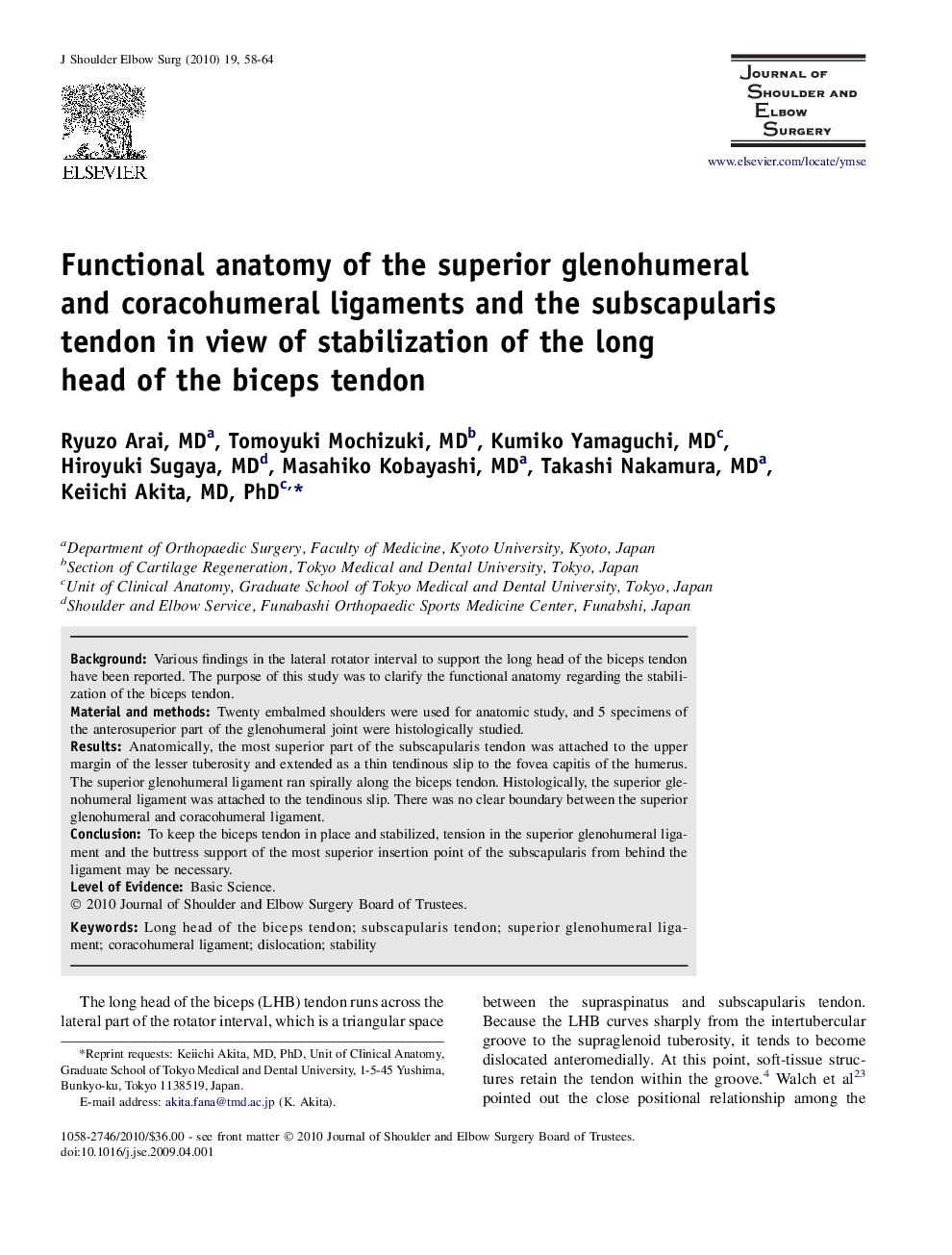 Functional anatomy of the superior glenohumeral and coracohumeral ligaments and the subscapularis tendon in view of stabilization of the long head of the biceps tendon