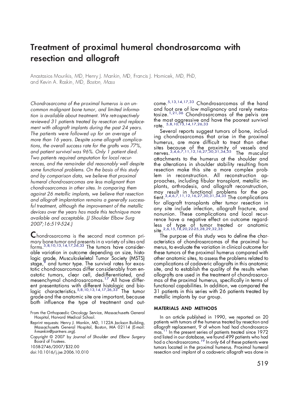 Treatment of proximal humeral chondrosarcoma with resection and allograft