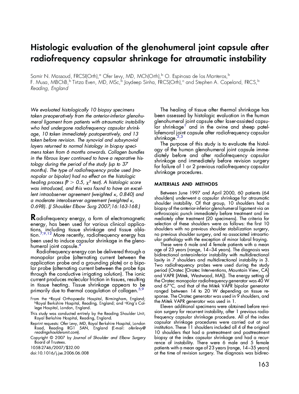 Histologic evaluation of the glenohumeral joint capsule after radiofrequency capsular shrinkage for atraumatic instability 