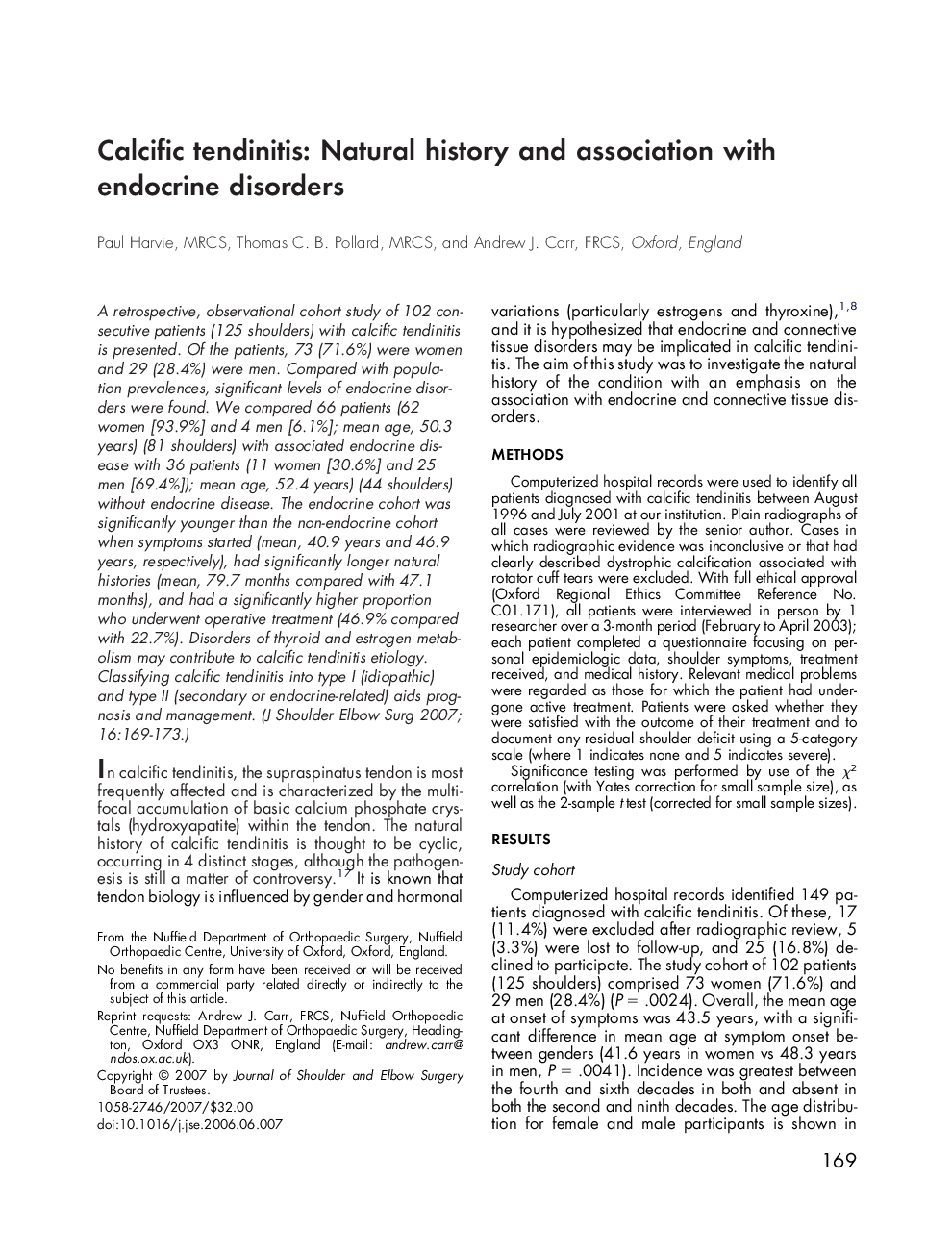 Calcific tendinitis: Natural history and association with endocrine disorders 