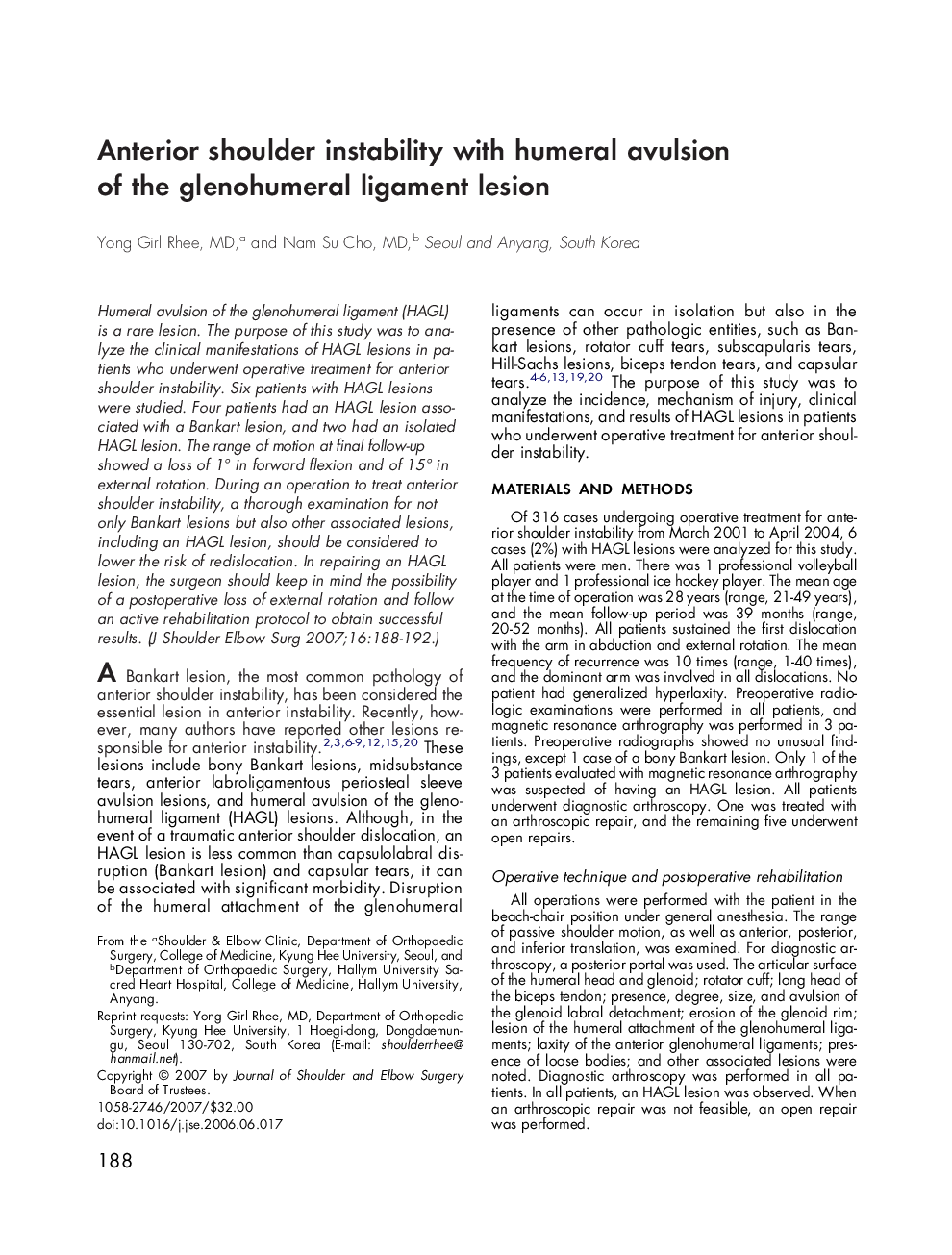 Anterior shoulder instability with humeral avulsion of the glenohumeral ligament lesion