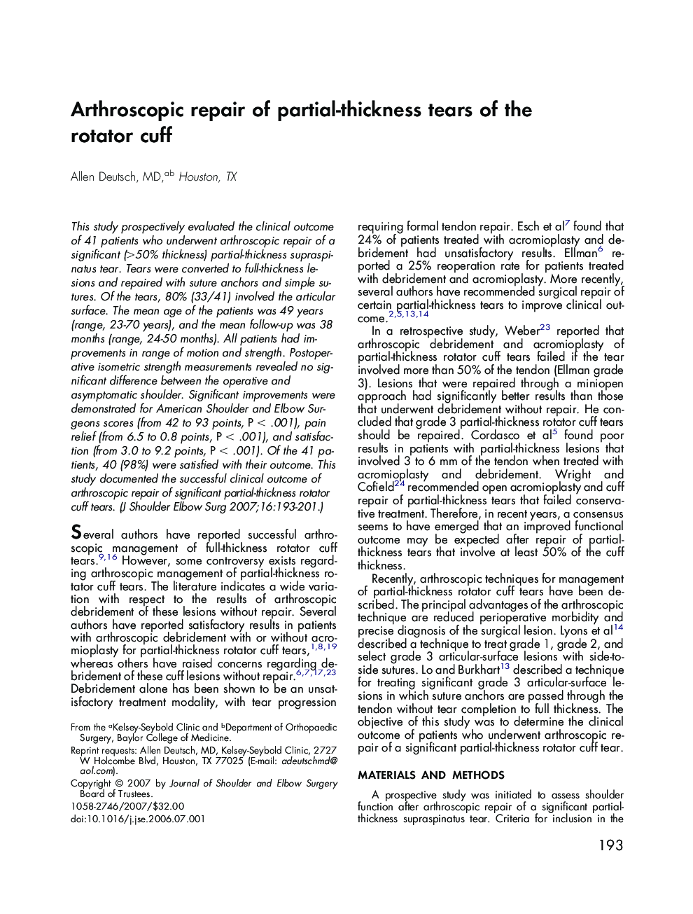 Arthroscopic repair of partial-thickness tears of the rotator cuff
