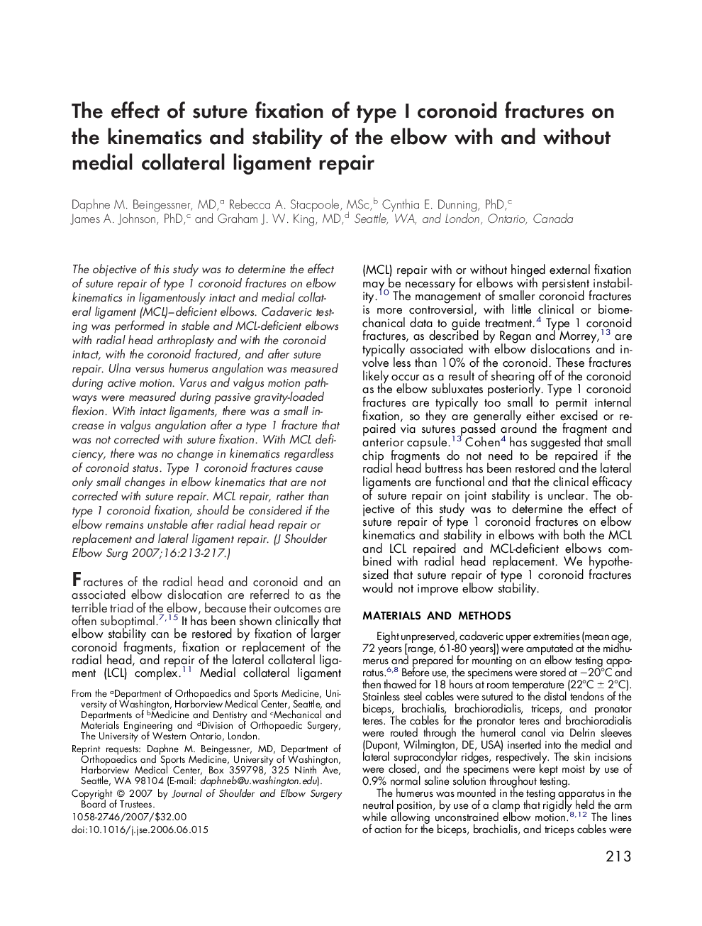The effect of suture fixation of type I coronoid fractures on the kinematics and stability of the elbow with and without medial collateral ligament repair