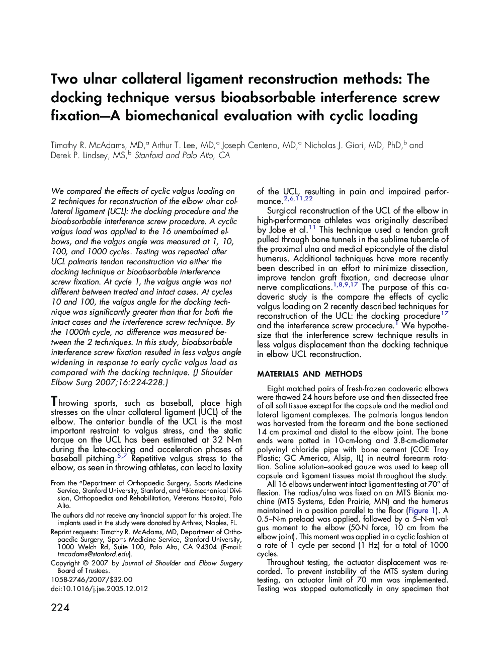 Two ulnar collateral ligament reconstruction methods: The docking technique versus bioabsorbable interference screw fixation—A biomechanical evaluation with cyclic loading 