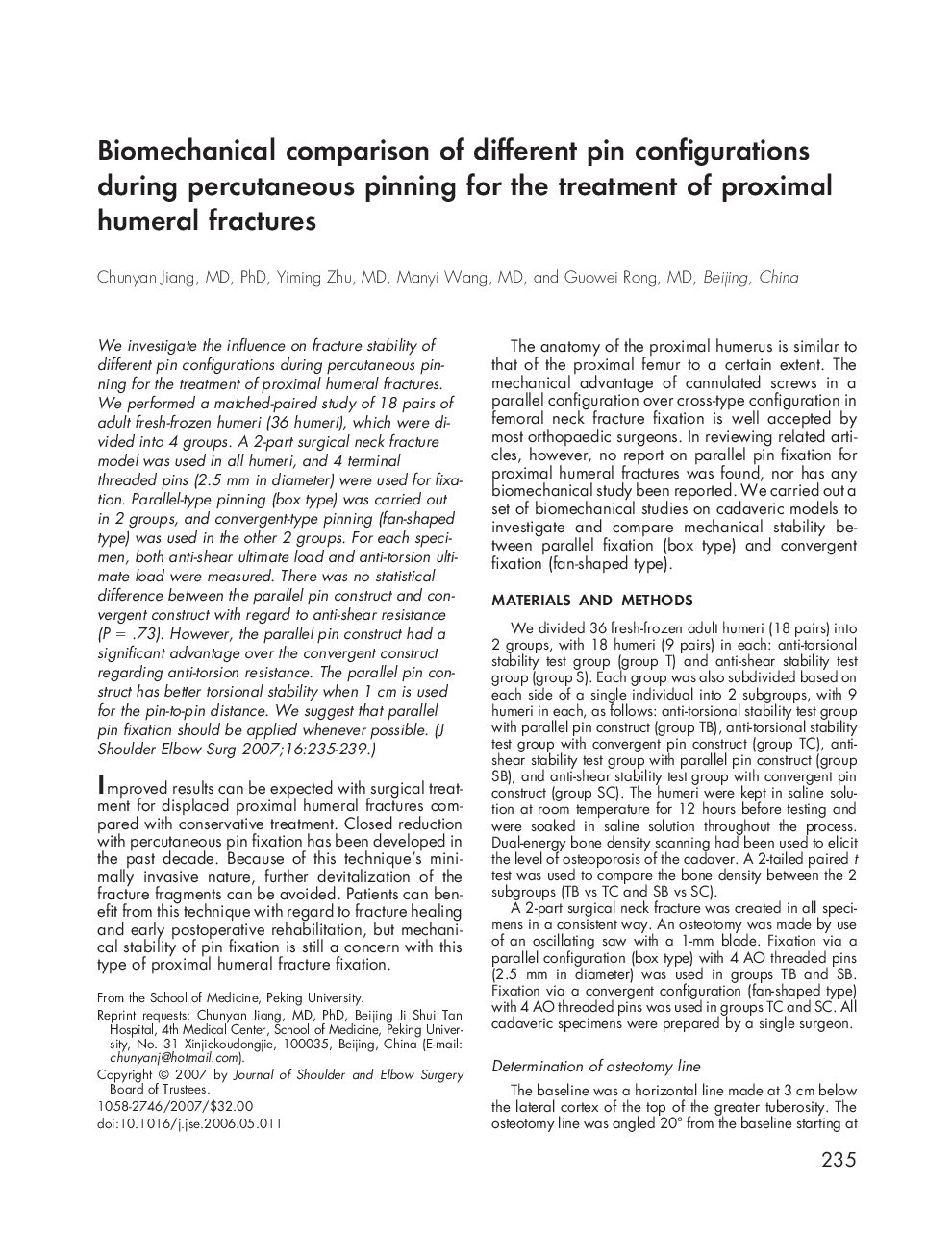 Biomechanical comparison of different pin configurations during percutaneous pinning for the treatment of proximal humeral fractures