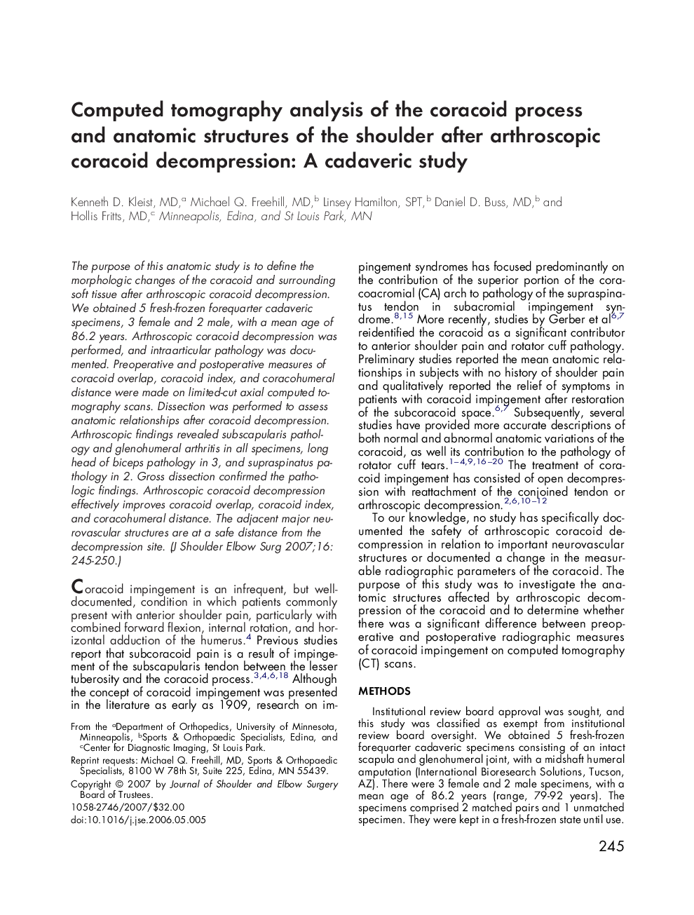 Computed tomography analysis of the coracoid process and anatomic structures of the shoulder after arthroscopic coracoid decompression: A cadaveric study