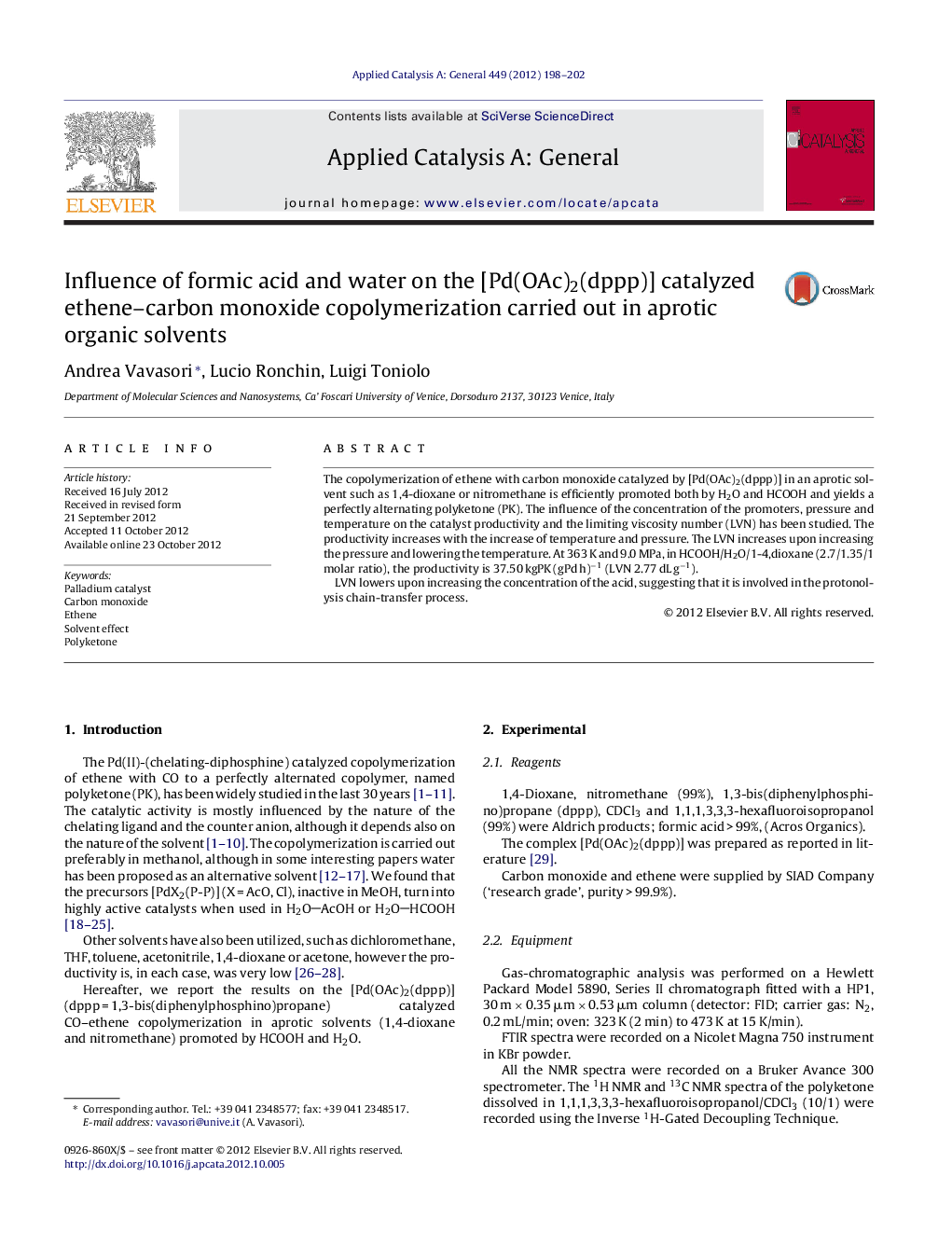 Influence of formic acid and water on the [Pd(OAc)2(dppp)] catalyzed ethene–carbon monoxide copolymerization carried out in aprotic organic solvents