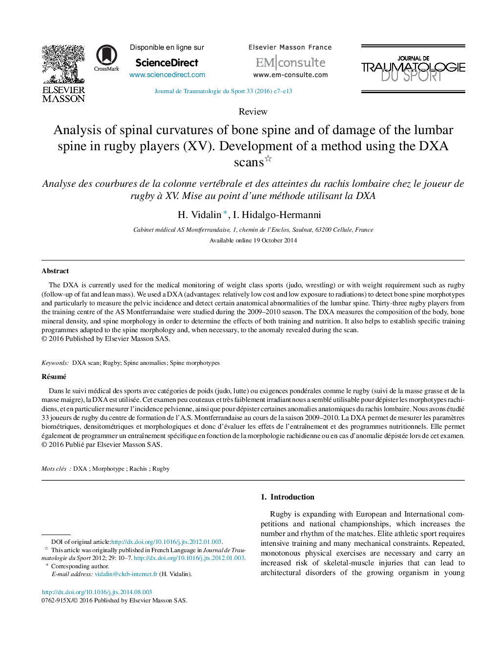 Analysis of spinal curvatures of bone spine and of damage of the lumbar spine in rugby players (XV). Development of a method using the DXA scans 