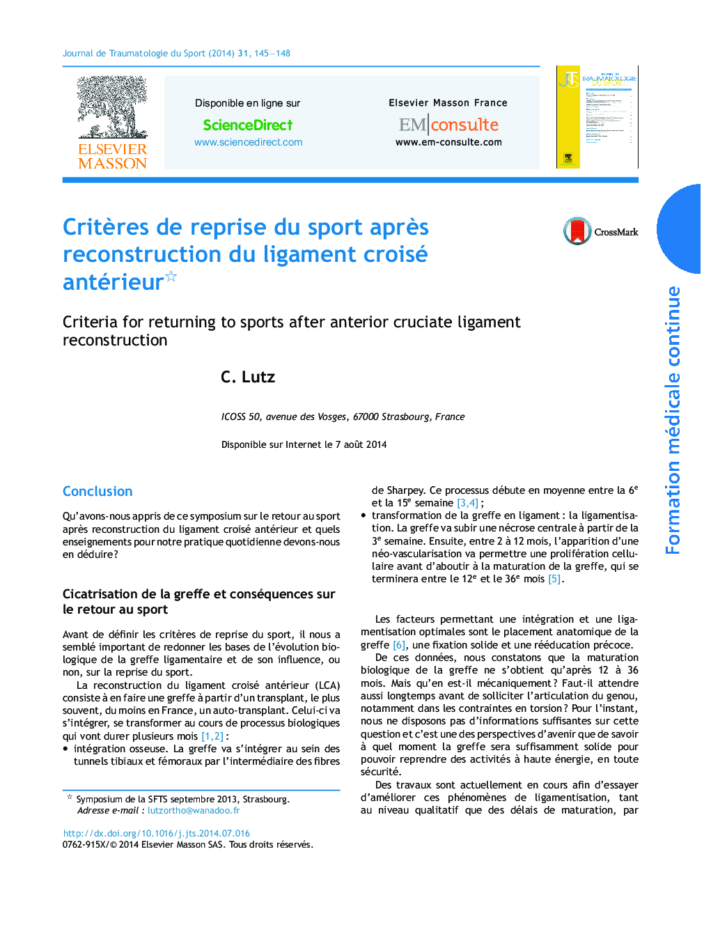 CritÃ¨res de reprise du sport aprÃ¨s reconstruction du ligament croisé antérieur