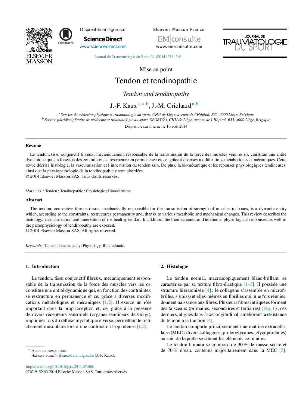 Tendon et tendinopathie