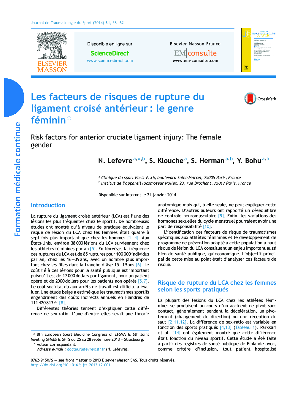 Les facteurs de risques de rupture du ligament croisé antérieurÂ : le genre féminin