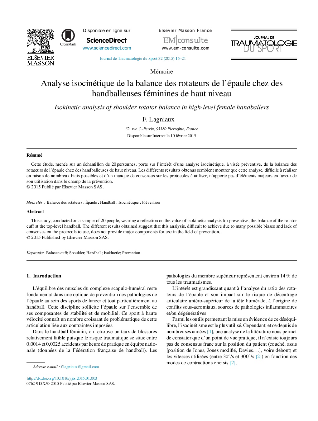 Analyse isocinétique de la balance des rotateurs de l’épaule chez des handballeuses féminines de haut niveau