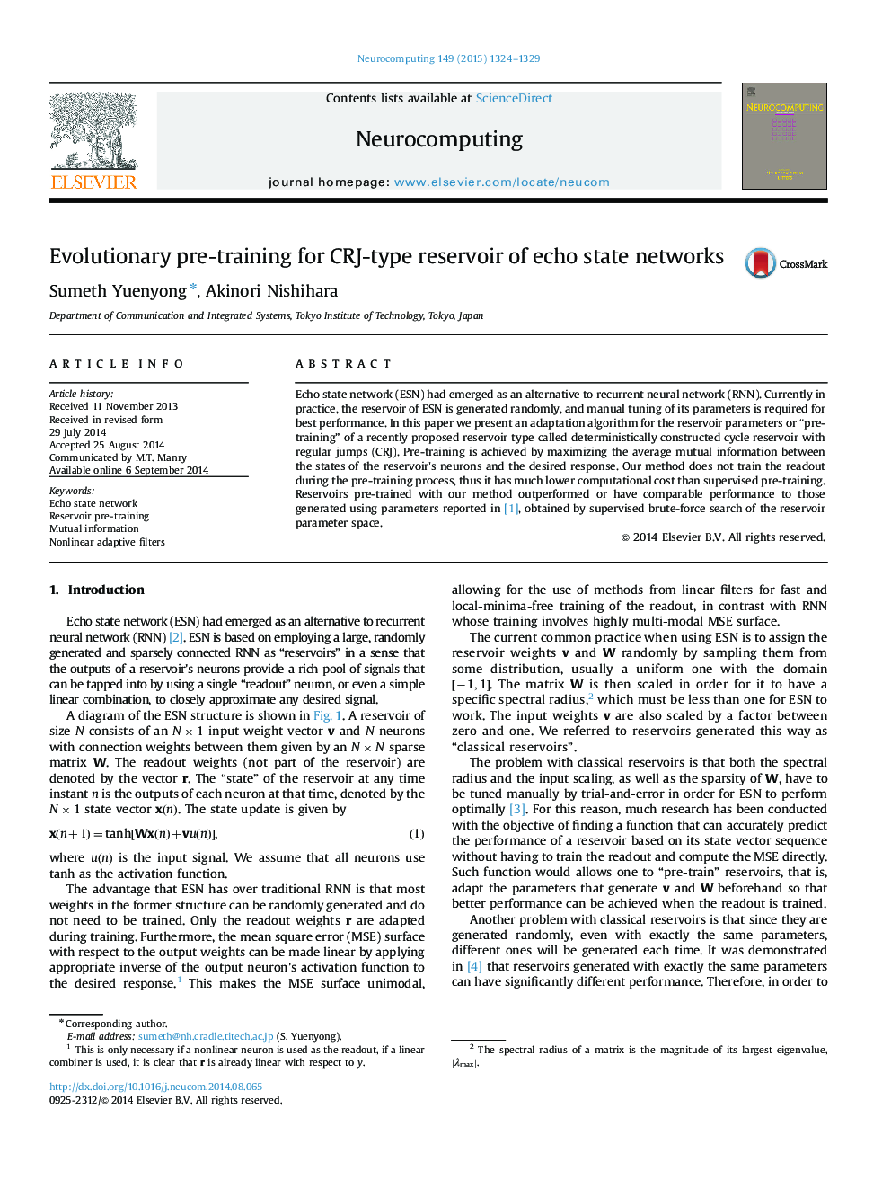 Evolutionary pre-training for CRJ-type reservoir of echo state networks