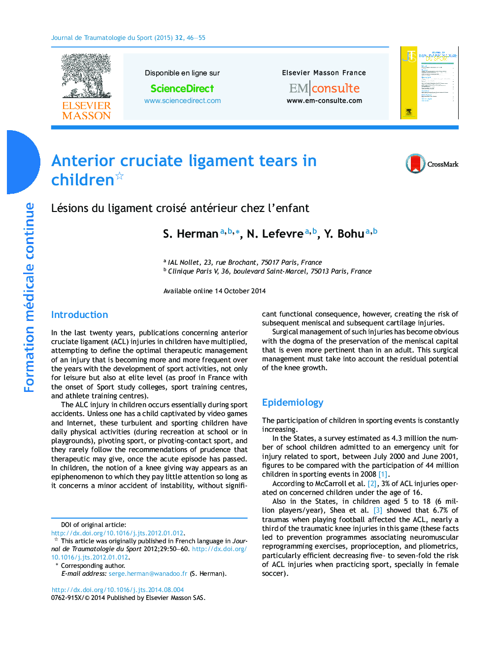 Anterior cruciate ligament tears in children