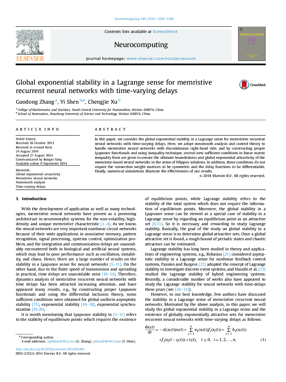 Global exponential stability in a Lagrange sense for memristive recurrent neural networks with time-varying delays