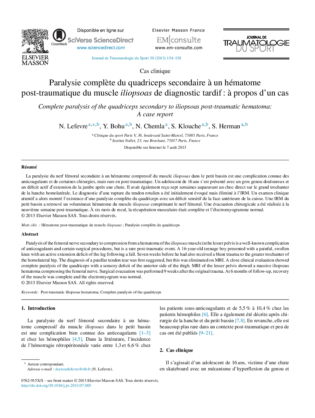 Paralysie complète du quadriceps secondaire à un hématome post-traumatique du muscle iliopsoas de diagnostic tardif : à propos d’un cas