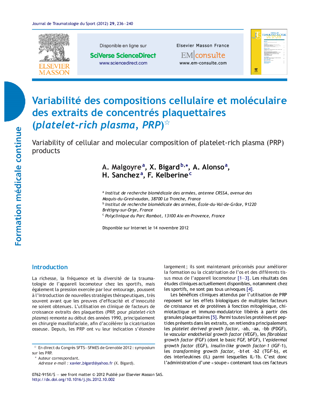 Variabilité des compositions cellulaire et moléculaire des extraits de concentrés plaquettaires (platelet-rich plasma, PRP)