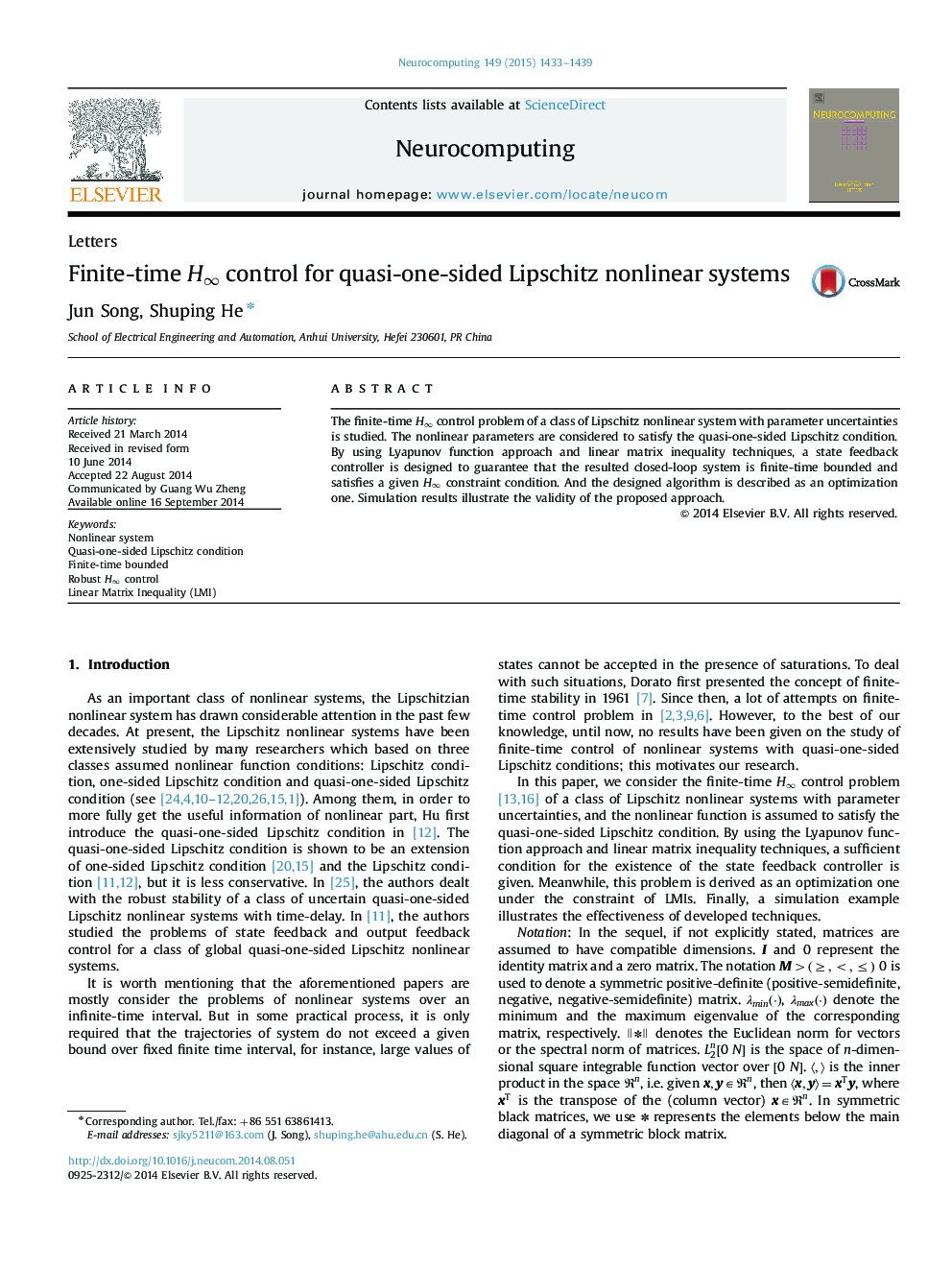 Finite-time H∞H∞ control for quasi-one-sided Lipschitz nonlinear systems