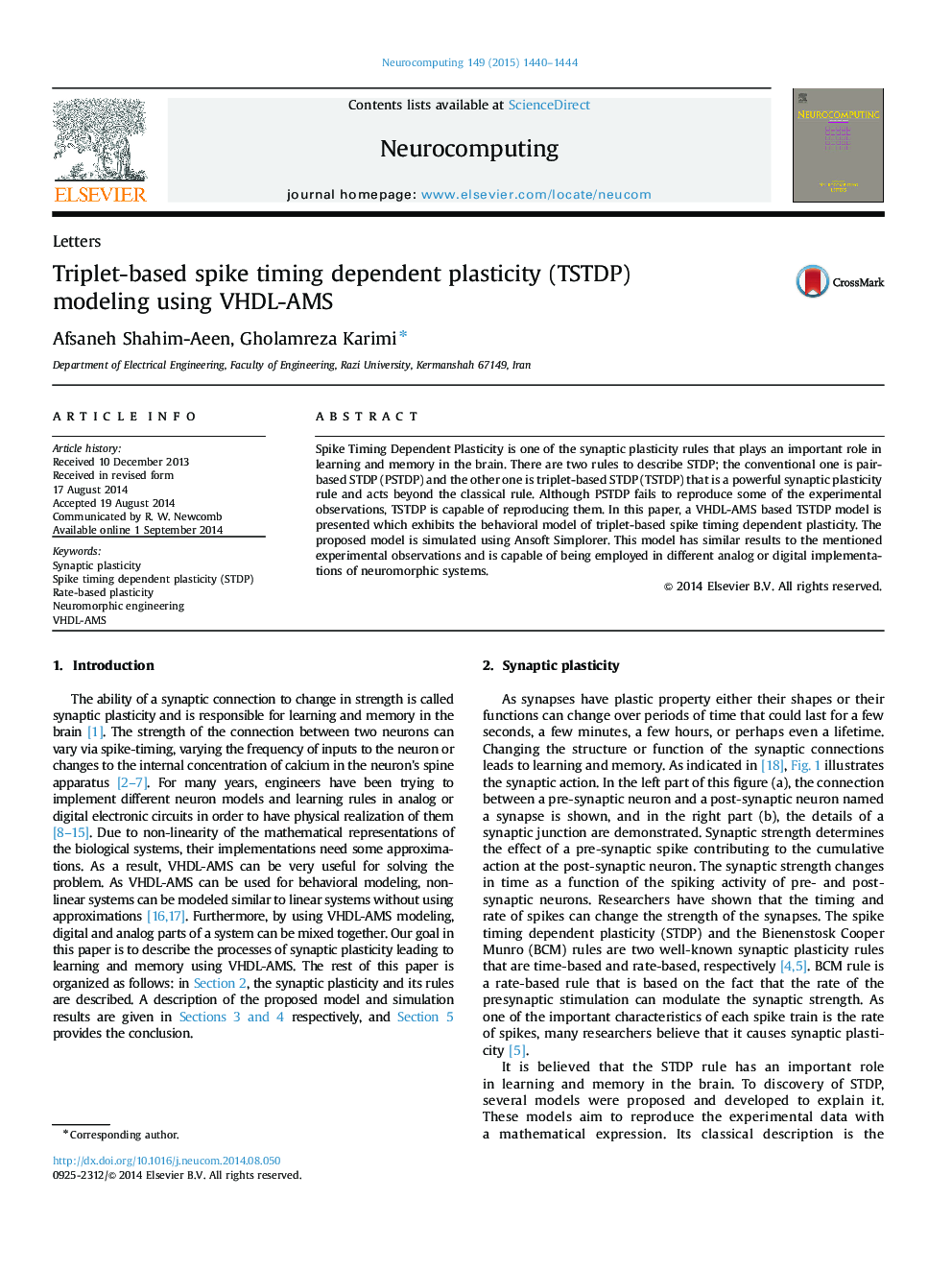 Triplet-based spike timing dependent plasticity (TSTDP) modeling using VHDL-AMS