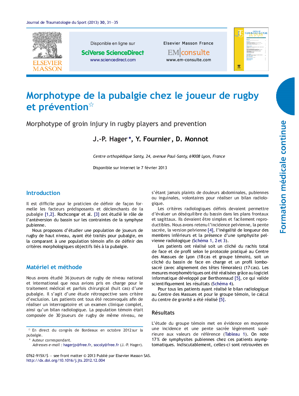 Morphotype de la pubalgie chez le joueur de rugby et prévention