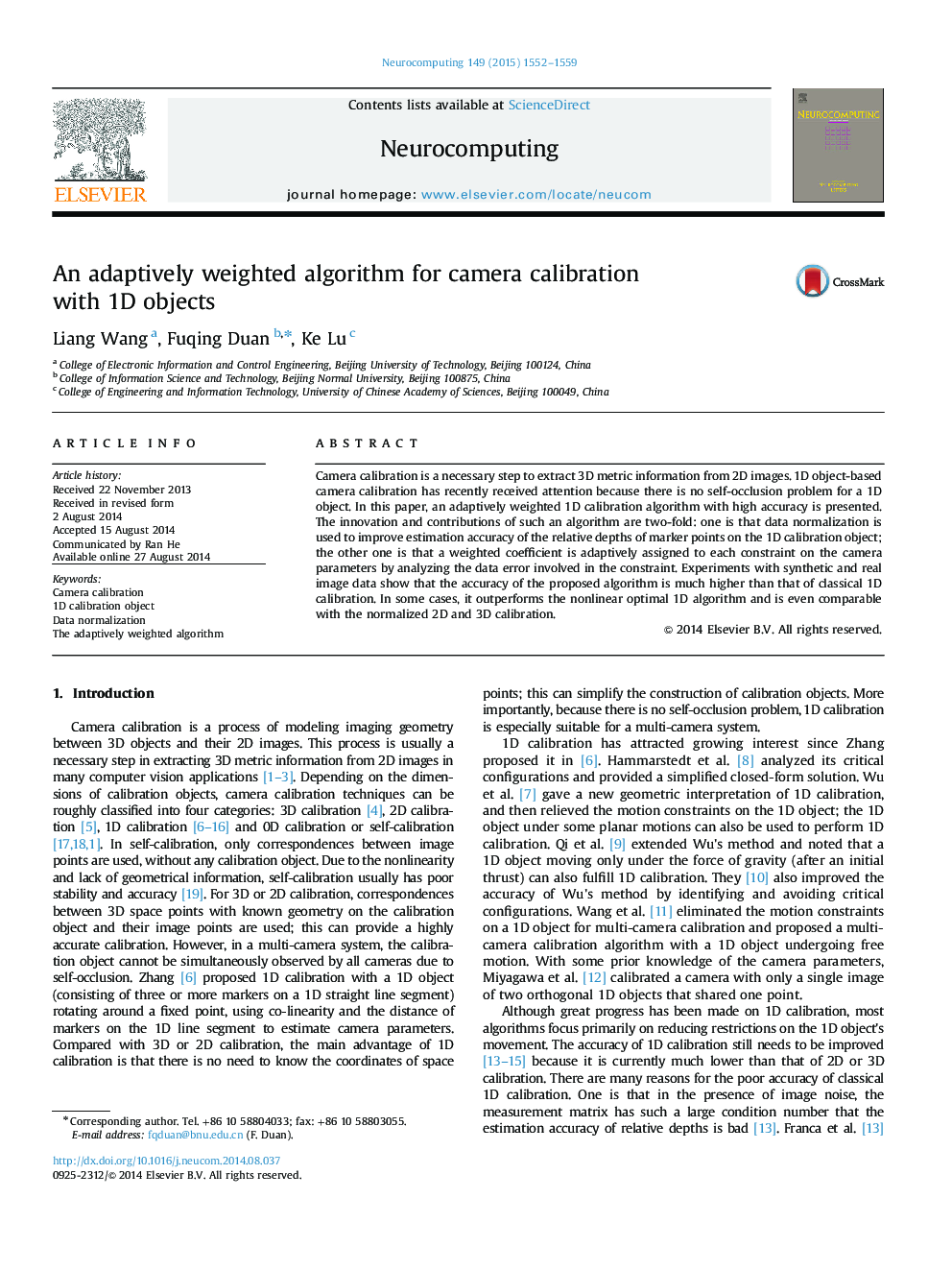 An adaptively weighted algorithm for camera calibration with 1D objects