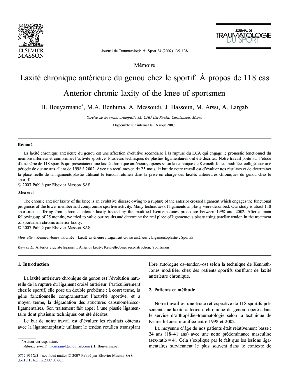 Laxité chronique antérieure du genou chez le sportif. À propos de 118 cas