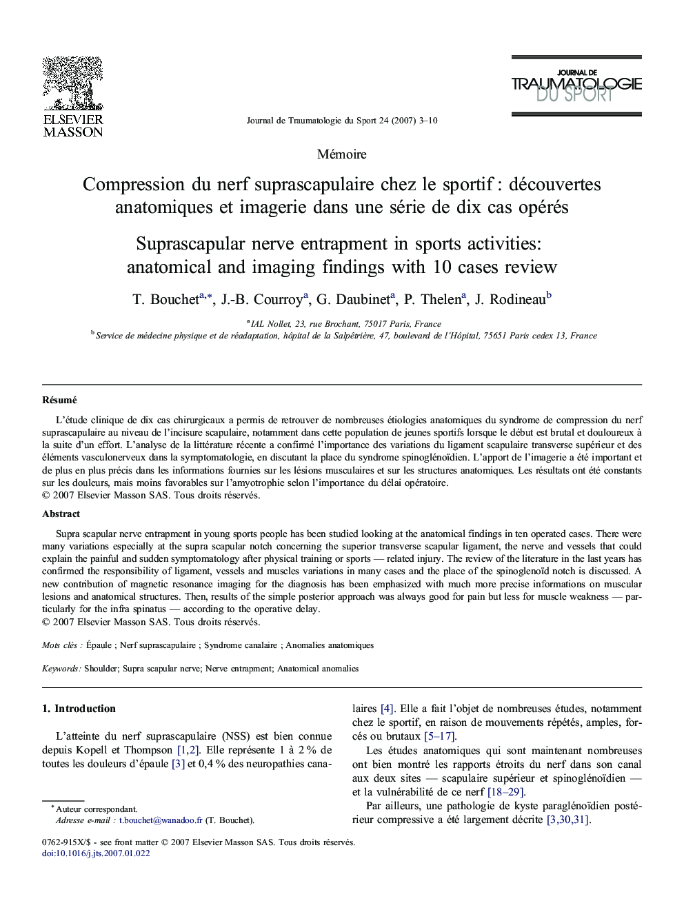 Compression duÂ nerf suprascapulaire chezÂ leÂ sportifÂ : découvertes anatomiques etÂ imagerie dansÂ uneÂ série deÂ dixÂ cas opérés