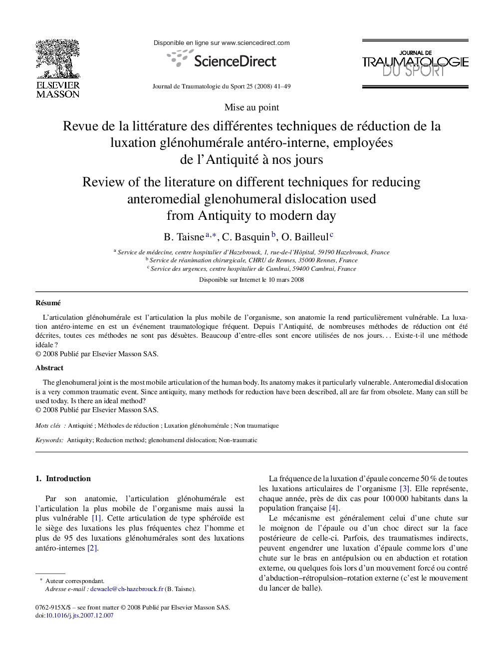 Revue de la littérature des différentes techniques de réduction de la luxation glénohumérale antéro-interne, employées de l'Antiquité Ã  nos jours