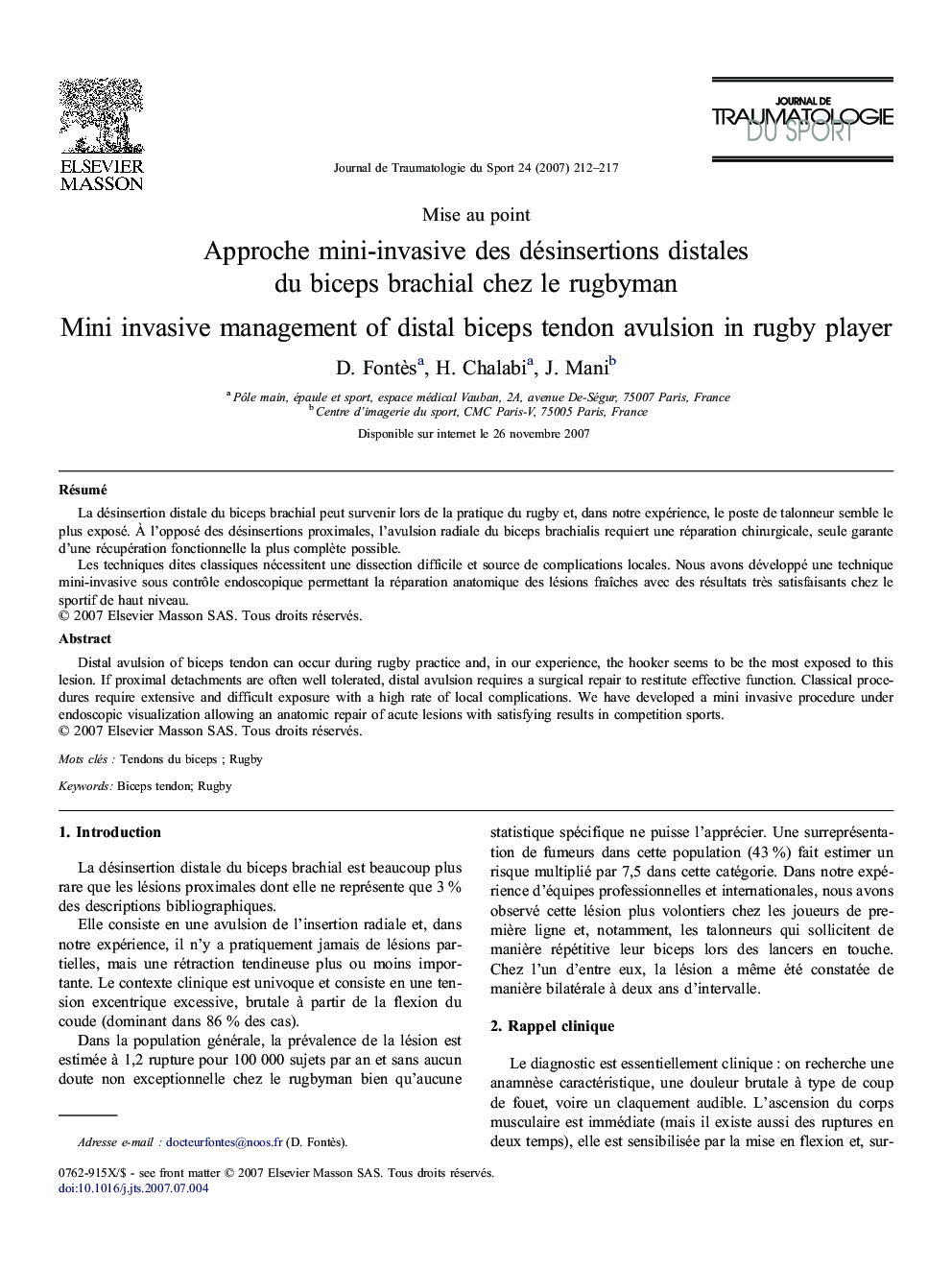 Approche mini-invasive des désinsertions distales du biceps brachial chez le rugbyman