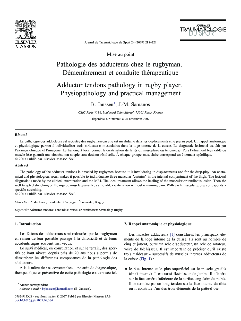 Pathologie desÂ adducteurs chezÂ leÂ rugbyman. Démembrement etÂ conduite thérapeutique