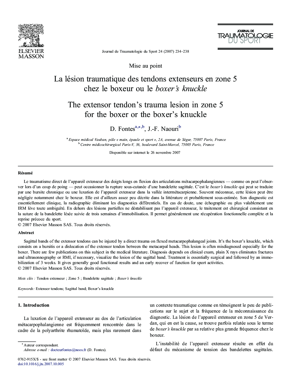 La lésion traumatique desÂ tendons extenseurs enÂ zone 5 chezÂ leÂ boxeur ouÂ leÂ boxer's knuckle