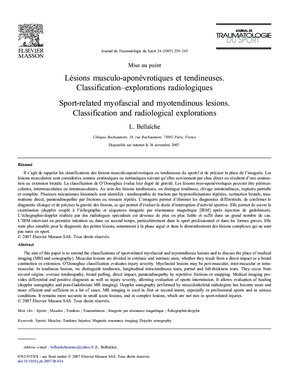 Lésions musculo-aponévrotiques et tendineuses. Classification–explorations radiologiques