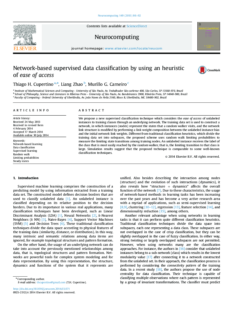 Network-based supervised data classification by using an heuristic of ease of access