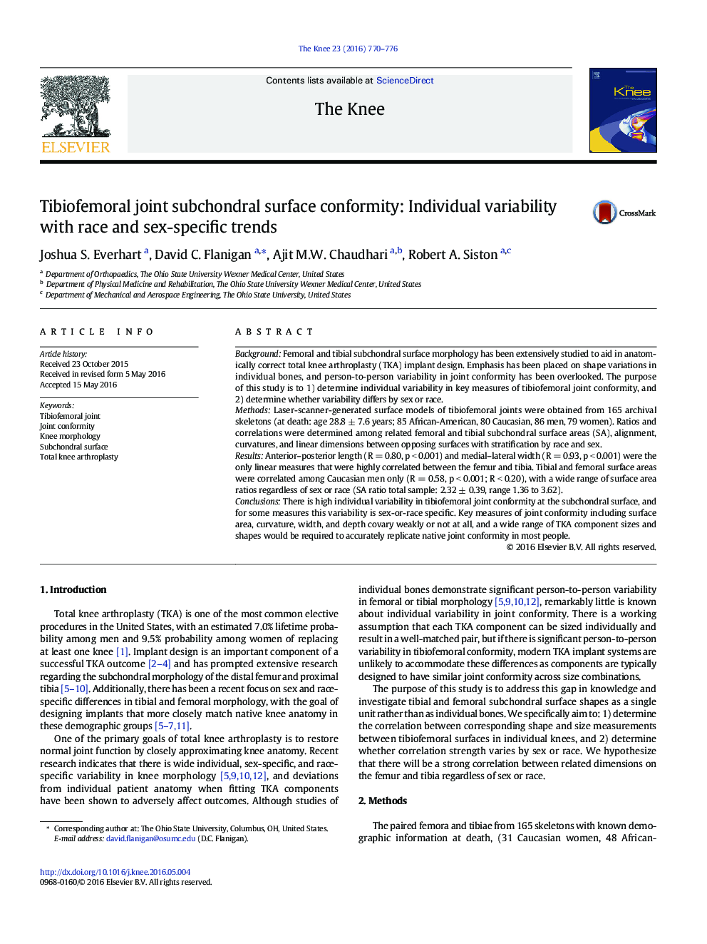 Tibiofemoral joint subchondral surface conformity: Individual variability with race and sex-specific trends