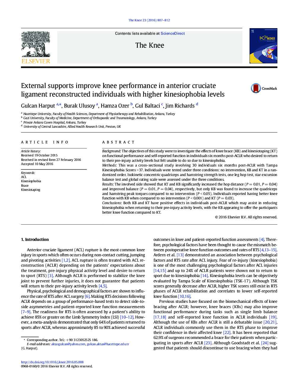 External supports improve knee performance in anterior cruciate ligament reconstructed individuals with higher kinesiophobia levels