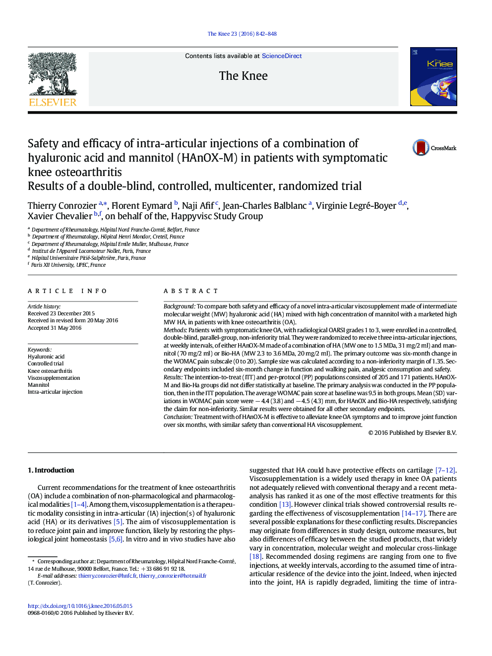 Safety and efficacy of intra-articular injections of a combination of hyaluronic acid and mannitol (HAnOX-M) in patients with symptomatic knee osteoarthritis: Results of a double-blind, controlled, multicenter, randomized trial