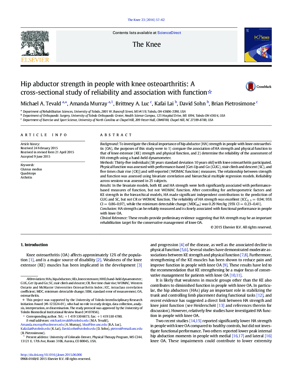 Hip abductor strength in people with knee osteoarthritis: A cross-sectional study of reliability and association with function 