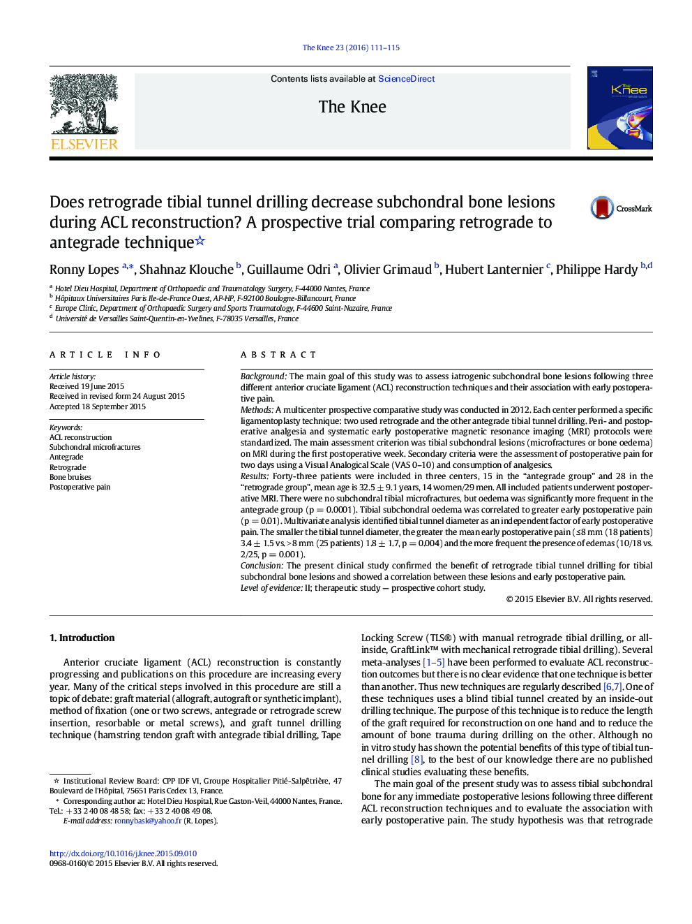 Does retrograde tibial tunnel drilling decrease subchondral bone lesions during ACL reconstruction? A prospective trial comparing retrograde to antegrade technique 