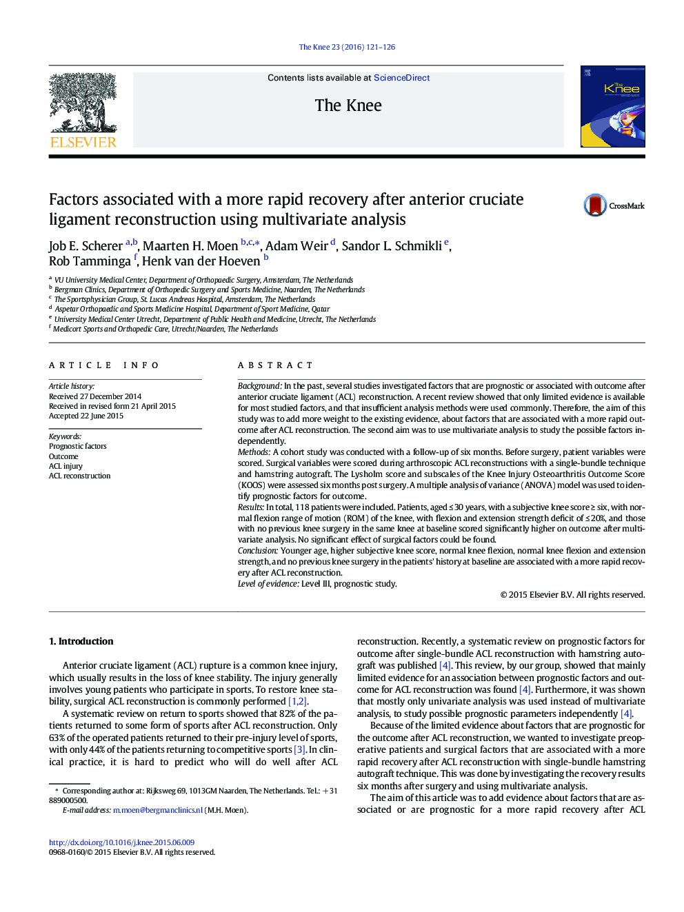 Factors associated with a more rapid recovery after anterior cruciate ligament reconstruction using multivariate analysis