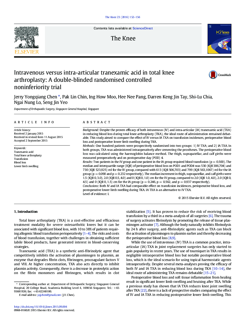 Intravenous versus intra-articular tranexamic acid in total knee arthroplasty: A double-blinded randomised controlled noninferiority trial