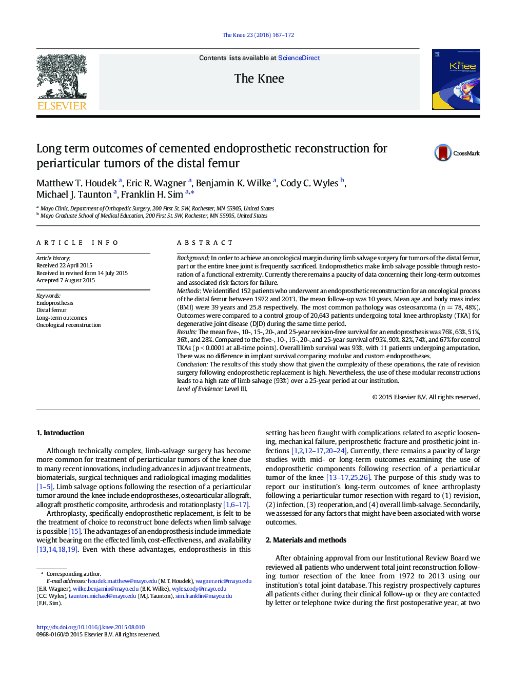 Long term outcomes of cemented endoprosthetic reconstruction for periarticular tumors of the distal femur