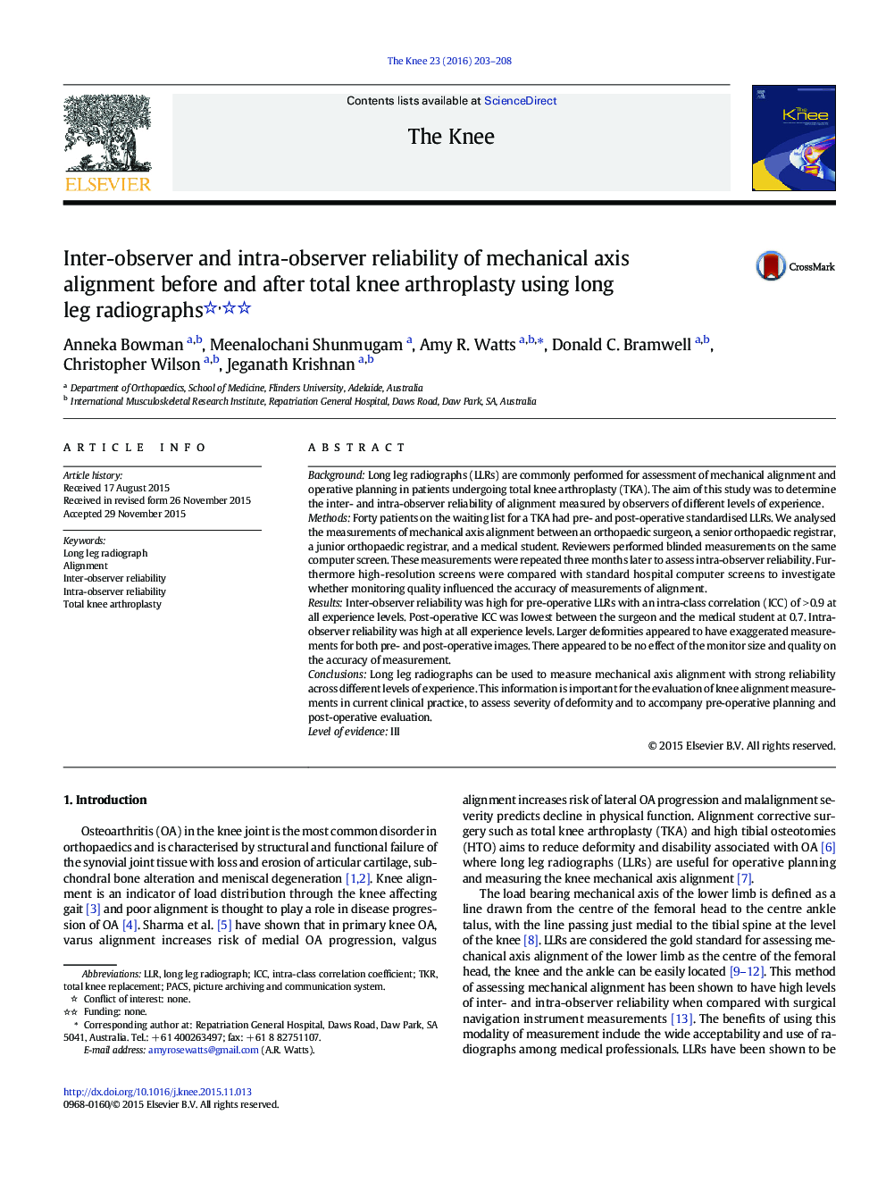 Inter-observer and intra-observer reliability of mechanical axis alignment before and after total knee arthroplasty using long leg radiographs 